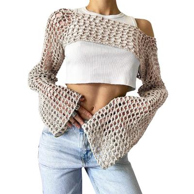 China Women Mesh Crochet Bikini Beach Anti-Wrinkle See Through Cover Up Long Sleeve Hollow Knit Sweater Crop Top for sale