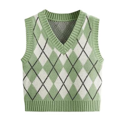 China Best Selling Anti-Wrinkle Checkered Women's Geo Plaid Preppy Fashionable V-neck Sleeveless V-Neck Knit Crop Top Vest Sweater for sale