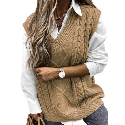 China China Factory Women's Anti-Wrinkle Oversized V-Neckline Sleeveless Cable Knit Tops Chunky Sweater Vest Fashion Plaid for sale