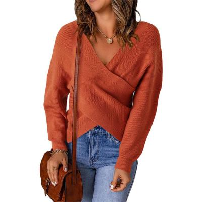 China Anti-Wrinkle China Supplier Women's Long Sleeve Wrap Cross V-Neckline Knit Tops Shoulder Solid Casual Backless Pullover Sweater for sale