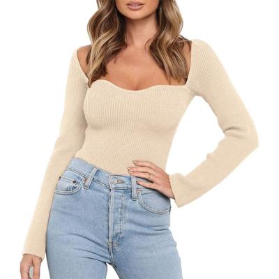 China 2023 Women's Fashion Square Pullover Anti-Wrinkle Microprocessor Sexy Casual Neck Long Sleeve Quenching Ribbed Knitted Sweater for sale