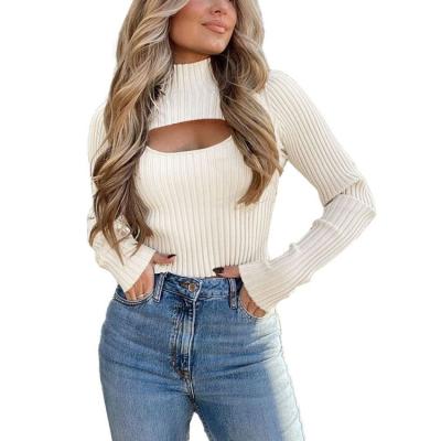 China 2023 new design Anti-wrinkle women's fashion fall clothes 2 piece cutout tops long sleeve faux neck Rib Knit Pullover Sweater for sale