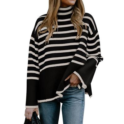 China Anti-Wrinkle Women Sheath Long Jumper Tops Turtleneck Loose Side Striped Split Ribbed Knit Sweater Oversized Pullover for sale