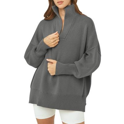 China Women's Anti-Wrinkle Zipper Collar Drop Shoulder Long Sleeve 1/4 Sleeve Oversized Slouchy Sweatshirt Sweater With Slit for sale