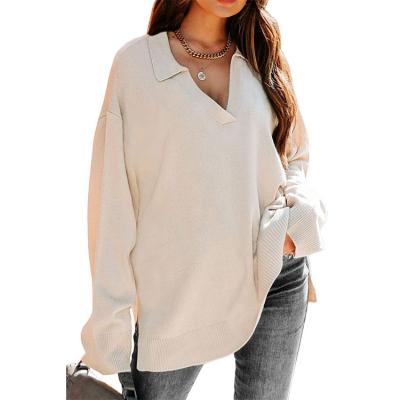 China Anti-wrinkle Women's V-Neck Collared Oversized Autumn Knit Main Long Sleeve Sexy Tunic Sweater Pullover 2023 for sale