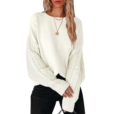 China Women's Crewneck Anti-Wrinkle Drop Shoulder Top Casual Solid Cable Knit Chunky Contrast Pullover Sweater for sale