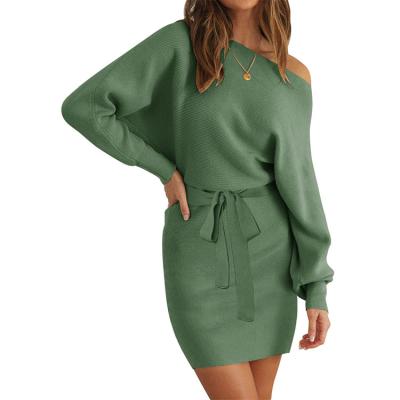 China Anti-Wrinkle Women Off Shoulder Batwing Sleeve Dress Ribbed Knit Bodycon Mini Sweater Dresses With Belt for sale