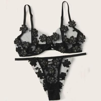 China 3/4 Sexy Bra Strapless Lingerie Thong Underwear Lace Flower Embroidery Bra Set Two Piece Set for sale