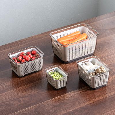 China Kitchen Refrigerator Storage Containers Large Capacity Double Layer Drain Basket Viable Plastic Crisper With Lid for sale