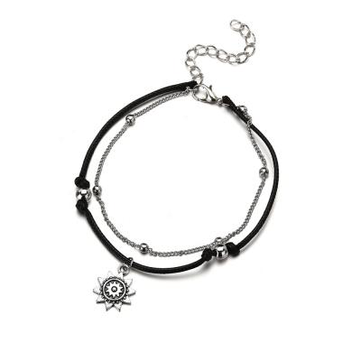 China Designs Amazon Jewelry Retro Vintage Antique Silver Bead Sun Anklet Bracelets Hot Selling Foot Pendant Chain for sale