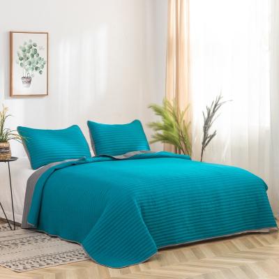 China MOHAP Plain High Quality Blue Color Microfiber Solid Embossed Comforter Set Dyed Bedspread Set for sale