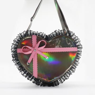 China High Quality Customized Holographic Ladies PORTABLE Heart Shape Black Purse Bow Pu Shoulder Lovely Ladies Backpack With Lace Decoration for sale