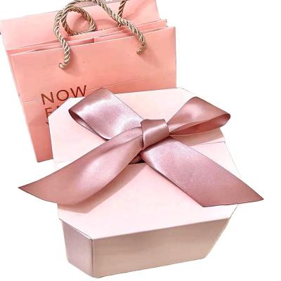 China Recycled Materials Ribbon Reusable Pink Wedding Bouquet Flower Boxes Double Open Luxury Gift Box For Gift Wrapping Gift Box With Ribbon Custom for sale