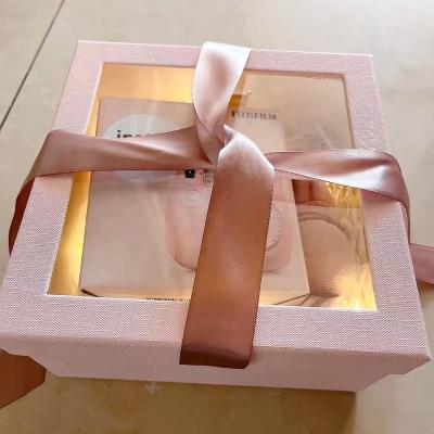 China Luxury Box Recyclable Gift Package Flower Coated Paper Clear Sliver Boxes Transparent Pink Paper Cardboard Gift Box With Window Clear for sale