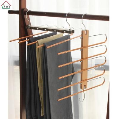 China DISPLAY LM4901 Multifunctional 5 in 1 Solid Wood and PVC Coated Non-Slip Metal Trouser Hangers for sale