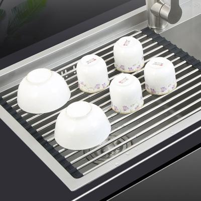 China Kitchen Retractable Silicone Stainless Steel Rack Draining Dish Drying Rack Folding Dish Storage Rack Over Sink for sale