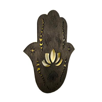 China Eco-Friendly Wooden Wall Hamsa Hand Art Rustic Evil Eye Wood Home Decor Home Decor with LED Light for sale