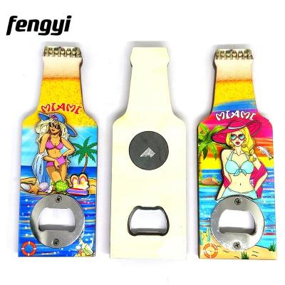 China Shape 2 In 1 Bottle Shape USA Miami Beach Bikini Beauty MDF Bottle Opener Fridge Magnet for sale