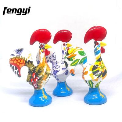 China Europe 3D Hand Carved Colorful Polyresin Rooster Figure Statue Portuguese Portugal Souvenirs Figurine for sale