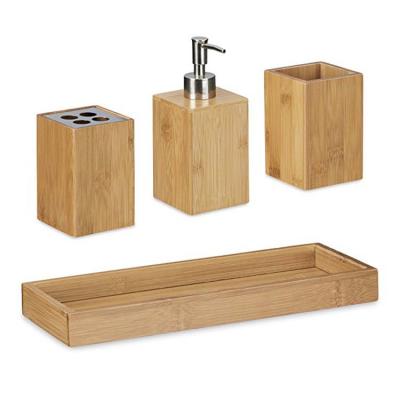 China Sustainable soap dispenser, cup, toothbrush holder with stainless steel--3 pcs bamboo bathroom set with tray for sale