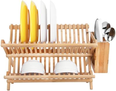 China Sustainable Dish Drying Rack Bamboo Dish Rack With Utensils Flatware Rack for sale