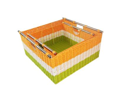 China Sustainable Household 2 Set Of Woven Plastic Rattan Basket PP Storage Basket With Stainless Steel Handle for sale