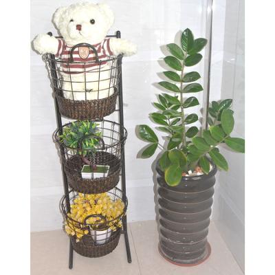 China 3 Tiers Sustainable Handmade Plastic Fruit and Vegetable Plastic Rattan Storage Display Baskets With Detachable Metal Frame for sale