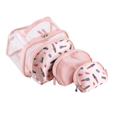 China 4pcs Recyclable Set Clear Portable Large Waterproof Travel Set Rose Pouch PVC Cosmetic Bag for sale