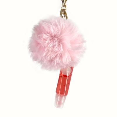 China Vegan Waterproof Organic Moisturizer Private Label Fruit Flavor Key Chain Clear Hydration Lip Gloss with Pom Pom for sale