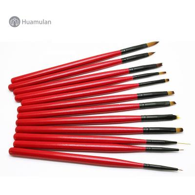 China Beauty Care Make Tools Huamulan Wholesale High Quality 100% Pure Kolinsky Professional Nails Art Brush Wood Red Color Handle Nail Art Brush Set for sale