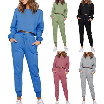 China 2023 Women's Amazon Casual Suit Fashion Solid Color Two-piece Sports Breathable Casual Long Sleeve Sweatpants Pants for sale