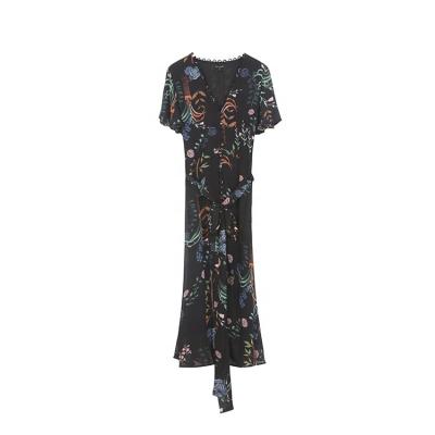 China Anti-Static Sashes V-Neck Women Summer Dresses Floral Printed A-line Dress Luxury Women Dress for sale