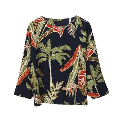 China Anti-pilling Leaves Print Design Crew Neck Chiffon Women Button Up Printed Blouse For Women for sale