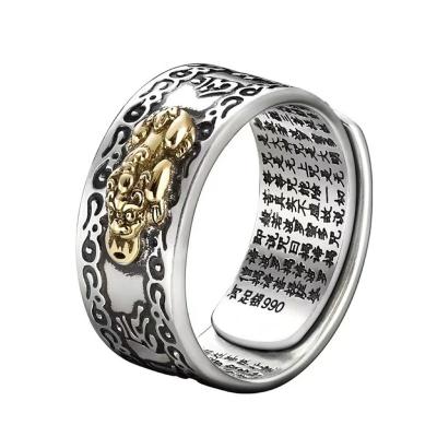 China Auspicious heart Sutra fine polishing pixiu silver dragon cloud pattern six adjustable character incantation rings for sale