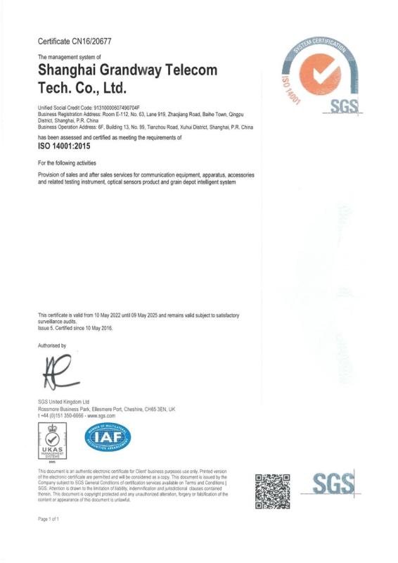 ISO14001 - Zhejiang Grandway Telecommunication Technology Co.,Ltd.