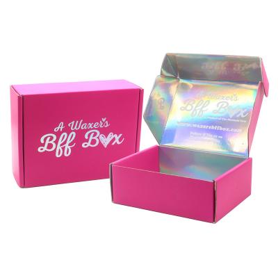 China Recyclable Custom Logo Small Pink Cosmetic Product Courier Boxes Packaging Holographic Pink Cardboard Glitter Packaging Box Shipping Box for sale