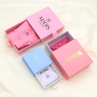 China Custom Pink Cardboard Paper Packaging Jewelry Box Ring Earring Sliding Rigid Jewelry Box With Logo for sale