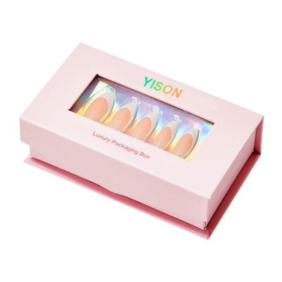 China Recyclable Customize Empty Imitated Press On Nail Care Box Magnetic Pink Glitter Nail Tip Packaging Box for sale