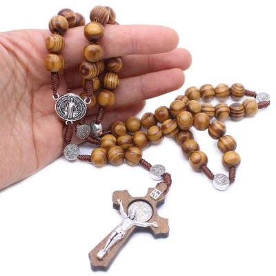 China Religious Handmade Wooden Cross Necklace Ornament Rosary Necklace for sale