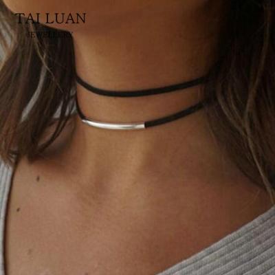 China Trendy Double Layer Tube Velvet Choker Necklace Leather Collar For Women for sale