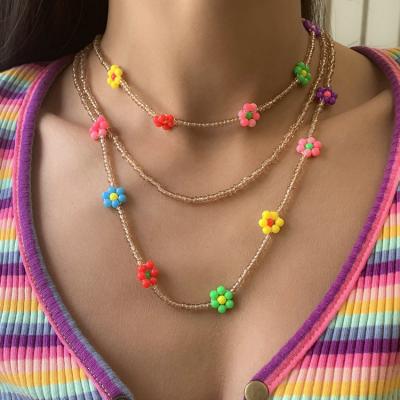 China TRENDY Boho Style 3 Layered Handmade Acrylic Pearl Flower Choker Necklace For Women for sale