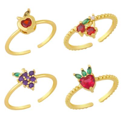 China Hot Sale TRENDY Ins 18k Gold Plated Cute Apple Cherry Strawberry Zircon Rainbow Fruit Crystal Ring for sale