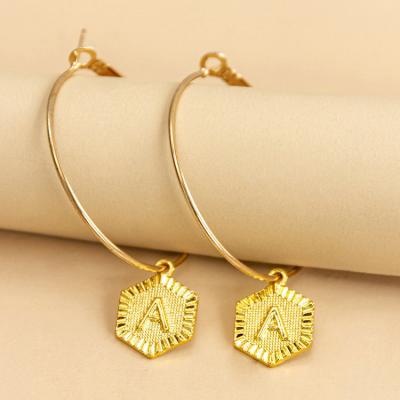 China New Arrival TRENDY Gold Plated Initial Letter 26 Charm Circle Dangle Earring For Women for sale