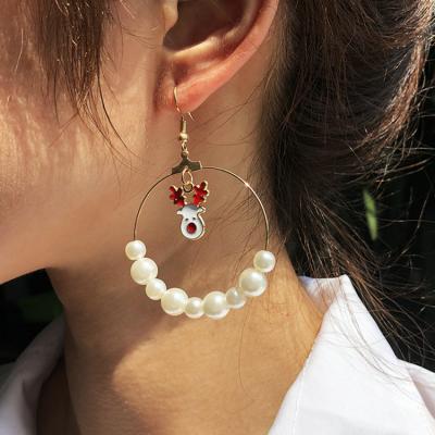 China Wholesale FASHIONABLE Elks Santa Claus Pendant Pearl Hoop Earring for Christmas Party for sale