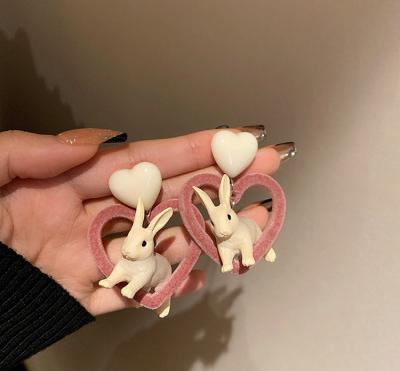 China Handsome Jewelry S925 Sterling Silver Post Flocking Pink FASHIONABLE 3D Heart Cute Rabbit Dangle Earring for sale