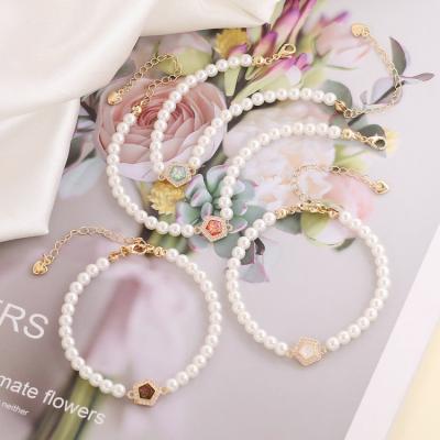 China FASHIONABLE Retro Light Luxury Diamond Polygon Vintage Pearl; beaded bangle for sale