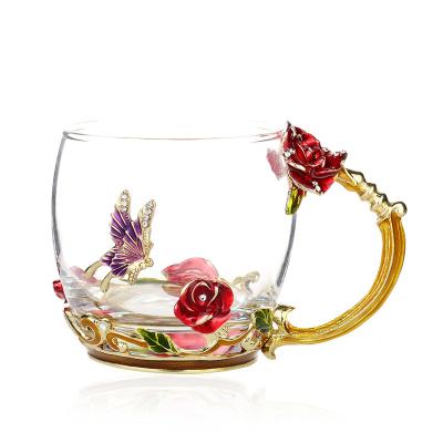 China Stocked Enamel Water Cup Heat Resistant Glass Set Flower Tea Cup Couples Cup Home Creative Gift for sale