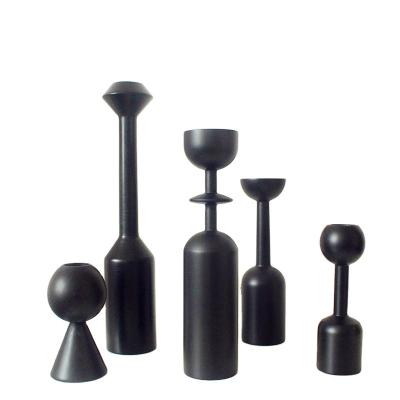 China Home Decoration Nordic Style Black Solid Wood Candlestick (Set 5) Wooden Candle Holders for sale