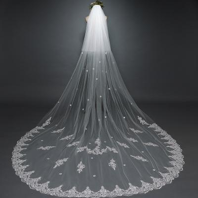 China Lace Edge Elegant Style Design Beaded Floral Leaf Patterns Cathedral Length Wedding Veil For Bride for sale