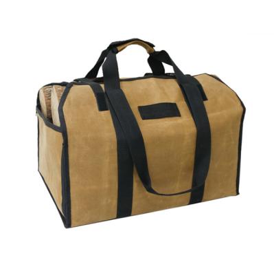 China Dual Function Foldable Wooden Wet Wax Brown Canvas Waterproof Firewood Carrier Tote Bag With Both Sides Fixed for sale